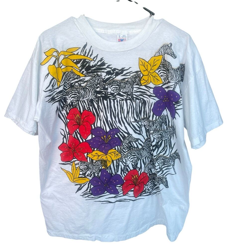 Tropical Zebra‎ Shirt Adult Large Cotton Artsy Animals Multicolor Single Stitch
